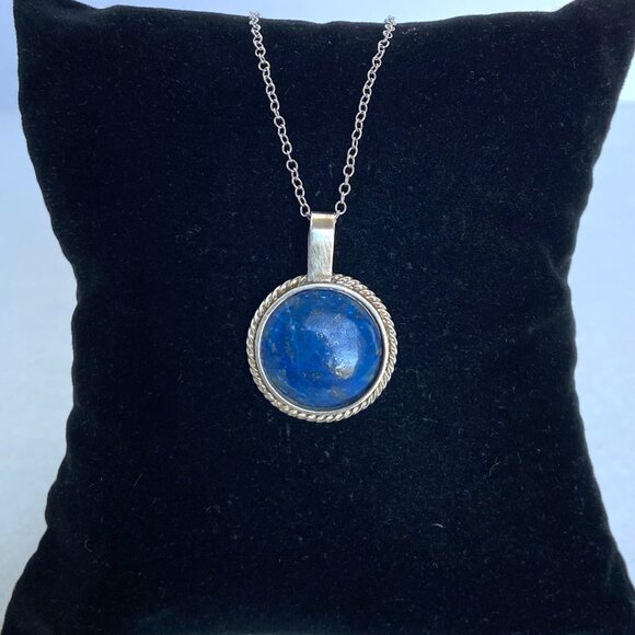 950 Silver Dainty Round Lapis Lazuli Pendant Cabochon Necklace 18" Cable Chain - Picture 5 of 16